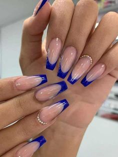 Royal Blue Prom Nails, Blue Prom Nails, Blue And Silver Nails, Hoco Nails, Blue And White Nails, Royal Blue Nails, Dark Blue Nails, August Nails