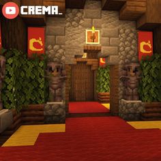 an image of a minecraft house with red carpet and green plants on the walls