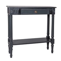 a black console table with two drawers on one side and an open drawer on the other