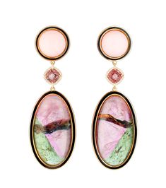 strikingly colored Tourmaline earrings on pink Opal cabochon and pink Sapphire with white Diamonds (0.122tcw) in 18kt yellow gold and black Enamel details Luxury Pink Multi-stone Earrings, Pink Multi-stone Earrings In Fine Jewelry Style, Luxury Pink Gemstone Earrings, Pink Multi-stone Earrings Fine Jewelry, Luxury Oval Pink Earrings, Luxury Pink Oval Earrings, Luxury Pink Cabochon Jewelry, Luxury Pink Round Earrings, Luxury Pink Jewelry With Matching Earrings