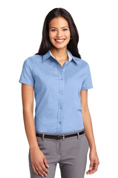 Port Authority ® Ladies Short Sleeve Easy Care Shirt. L508 - LIGHT BLUE/ LIGHT STONE - 3XL | Port Authority Women's Short Sleeve Easy Care Shirt in Light Blue/Light Stone Size 3XL | Cotton/Polyester Blend Open Collar Shirt, Mediterranean Blue, Short Sleeve Shirt Women, Short Sleeve Dress Shirt, Port Authority, Twill Shirt, Ladies Short, Dress Shirts For Women, Poplin Shirt