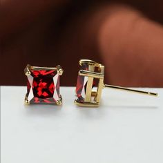 Brand New Men's Square Ruby Square Stud Earrings 18k Gold Plated 925 Sterling Silver (Stamped) Genuine 2ct Natural Princess Cut Red Ruby Gemstones 6mm Size Retail Price $350 Buy With Confidence From A Trusted Seller W/ A 99%+ Feedback Rating! A0193 (Id-737-) Classic Gemstone Earrings For Valentine's Day, Red Diamond Cut Earrings For Formal Occasions, Red Diamond Cut Earrings For Anniversary, Red Diamond Cut Anniversary Earrings, Square Stone Earrings, Square Stud Earrings, Stud Jewelry, Square Earrings Studs, Square Stud