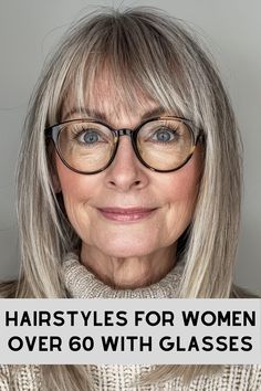 100+ Hairstyles for Women Over 60 with Glasses >>> Bangs that brush the tops of eyeglasses can create a youthful and playful look. This style adds a touch of charm and can frame the face in a flattering way. Click here to check out more elegant hairstyles prove that glasses are the ultimate accessory for women over 60. Medium Hair With Bangs And Glasses, Eyeglasses For Women Over 60 Gray Hair, Hairstyles For Women Over 60 Medium With Glasses, Shoulder Length Hair With Bangs And Glasses, How To Style Bangs With Glasses, Hair Bangs With Glasses, Medium Length Hair With Glasses, Hairstyle For Women Over 60 Medium, Haircuts With Glasses Medium