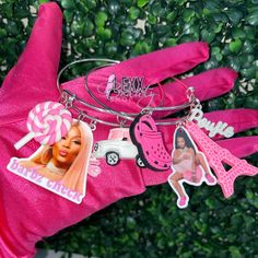 Accessorize with our unique handmade Pink Barbz Boujie Bangle set, cute, lightweight, durable ! Some charms may be switched out due to limited supply. Handmade Charm Bracelets, Bracelet Inspo, All Pink, Silver Bangle, Bangle Set, Free Gift Wrapping, Silver Bangles, Beauty Shop, Charm Bracelets