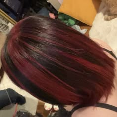 Aesthetic Haircuts Layers, Dark Red Skunk Hair, Wine Red Hair Highlights, Red Highlights On Dark Hair Short, Red Streaks In Hair, Red Streaks Hair, Chunky Red Highlights On Dark Hair, Highlight Red Hair, Chunky Red Highlights