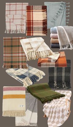 many different blankets and throws are arranged together