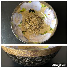 two pictures of the same bowl, one with flowers on it and another with leaves