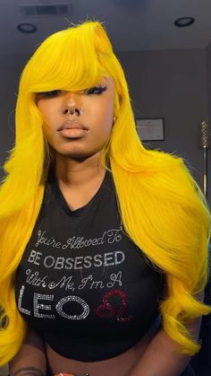 @itssaintlaurennn Yellow Lace Front Wig Black Women, Yellow Wig Install, Lace Front Wigs For Black Women Color, Colorful Hair Black Women, Wig Dye Ideas, Yellow Wigs On Black Women, Yellow Hair Black Women, Yellow Frontal Wig, Yellow Hairstyle