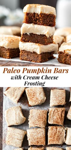 paleo pumpkin bars with cream cheese frosting stacked on top of eachother