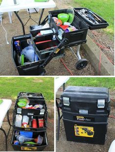 an outdoor picnic table with coolers and other items in it on the ground next to grass