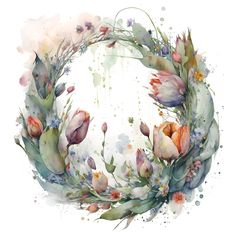 a watercolor painting of flowers and leaves in a circular frame on a white background