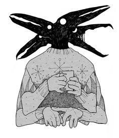 a black and white drawing of a person holding a cell phone with two crows on their head