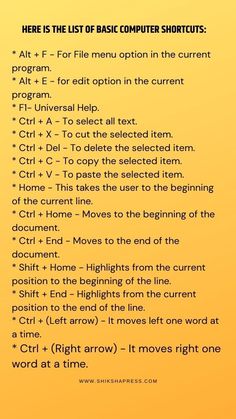 an orange background with the words here is the list of basic computer shortcuts