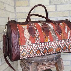 Turn Heads At The Airport Or On Your Next Weekend Getaway! This Handmade Leather & Kilim Duffel Bag Is Stunning And Functional! Never Used, But Has A Worn In Bohemian Vibe To It... Zippered Top Closure W/Buckle, Side Patch Pockets With Buckles, Removable Carry Strap... No Interior Pockets... I Believe This Was Made In Morocco Dimensions - 191210 Inches Kilim Bag, At The Airport, Zipper Top, Weekend Getaway, Handmade Leather, Duffel Bag, Leather Handmade, Travel Bags, Patch Pocket