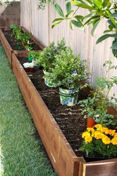 a wooden planter filled with lots of plants