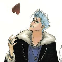 an anime character with blue hair wearing a black coat and holding his hand up to the side