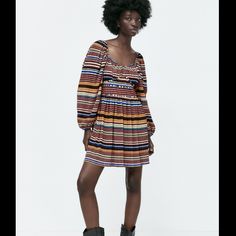 Nwt Zara Women Pleated Dress Medium Striped Brown Elastic Sleeve Cuff Bohemian Striped Fitted Dress, Bohemian Fitted Striped Dress, Fitted Bohemian Striped Dress, Zara Multicolor Mini Dress For Fall, Zara Multicolor Midi Dress For Fall, Skirt Swimsuit, Swimsuit With Shorts, Sleeve Cuff, Dress Medium