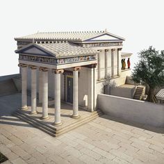 an architectural rendering of a building with pillars and columns on the outside, in front of a stone wall