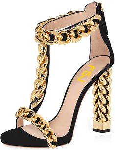 T-Strap Black Metal Chain Ankle Strap Chunky High Heel Sandals Synthetic Leather Rubber sole Approximately 11.5 CM / 4.53 inches Made from premium quality synthetic materials Evening Heels With Ankle Strap And Chain Detail, Gold Sandals With Gold Chain For Party, Party Sandals With Gold Chain, Gold Chain Sandals For Evening, Chic Gold Sandals With Chain Detail, Gold Chain Open Toe Sandals For Party, Chic Gold Sandals With Chain, Trendy Party Sandals With Chain Detail, Gold Sandals With Chain Strap For Evening