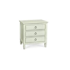 a white nightstand with three drawers on it's sides and one drawer open to the side