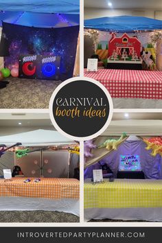 several photos of an indoor booth with tents and tables in it, including a tent for children