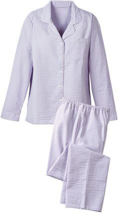 These breathable 100% woven cotton pajamas are longtime favorites and specially cut to fit right and feel great in every size, including Women's Plus and Petites. The traditional striped seersucker, famous for its cool comfort in hot climates, washes and dries with ease, and because it's yarn dyed, it stays richly colored and vibrant for years of wear. Long-sleeve pajama top is approx. 27" long; 26" long petitesRoomy pajama bottoms have an approx. 31" inseam; petites 29" inseamPJ bottoms have an Striped Pjs, Best Pjs, Summer Pjs, Short Pajamas, Vermont Country Store, Cotton Pjs, Seersucker Shorts, Country Store, Pajama Bottoms