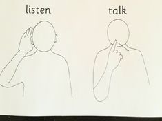 a drawing of two people talking to each other with the words listen and talk written on them