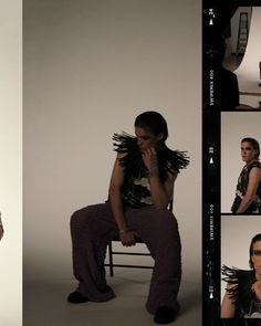 a woman sitting on a chair in front of a white background with multiple pictures of her