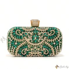 Bird in Bag - Elegant Rhinestone Clutch Evening Bag Glamorous Green Clutch Bag, Glamorous Green Event Bag, Green Embellished Wedding Bag, Green Embellished Wedding Bags, Glamorous Green Rectangular Clutch, Glamorous Green Bags With Rhinestones, Green Embellished Bag For Events, Green Embellished Evening Shoulder Bag, Green Embellished Rectangular Shoulder Bag