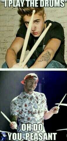 two pictures one with drums and the other with drummer's hands holding drumsticks