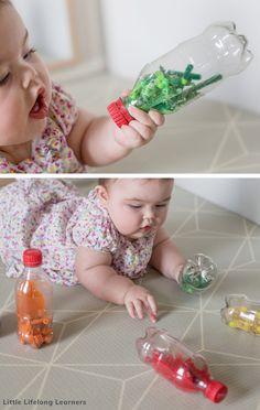 two photos of a baby playing with plastic bottles and toys on the floor, one is holding a toy