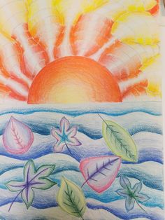 a drawing of the sun and some leaves