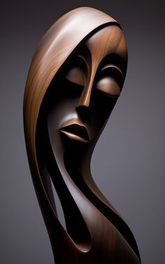 a wooden sculpture is shown against a gray background with the image of a woman's face