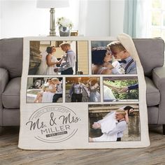 a wedding photo collage is displayed on a couch with the words mr and mrs miller