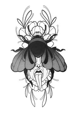 a black and white drawing of a moth with flowers on its head