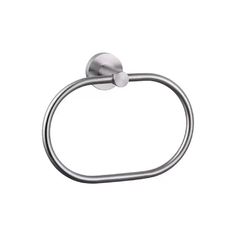 a stainless steel towel ring on a white background, with the handle extended to it's left side