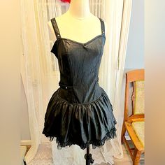 1990s Vintage Goth. Faux Black Leather Skater Dress. Adjustable Straps, Attached Black Tulle Slip. Gunmetal Spike Stud Detailing In Sides And Straps. Zipper Back. Size Med Lip Service Dress, Vintage Goth, Black Tulle, Lip Service, Skater Dress, Adjustable Straps, Black Leather, Womens Dresses, Zipper