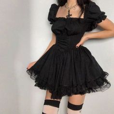 Lolita Black Dress Goth Aesthetic Puff Sleeve High Waist Vintage Bandage Lace Trim Party Gothic Clothes Summer Dress Woman Easy 30 day return policy