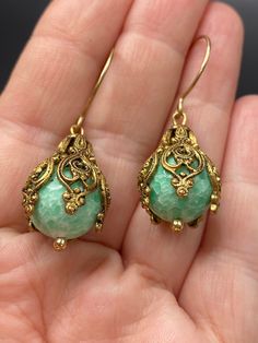 I used gold vermeil ear wires with vintage crackled green glass to make these earrings Green Filigree Drop Earrings, Vintage Jade Round Earrings, Green Filigree Teardrop Earrings, Green Teardrop Filigree Earrings, Green Filigree Earrings For Formal Occasions, Green Formal Filigree Earrings, Formal Green Filigree Earrings, Vintage Green Jade Earrings, Green Brass Drop Earrings