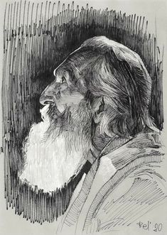 a black and white drawing of a bearded man