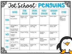 a penguin themed calendar with penguins and other things to do in the classroom on it