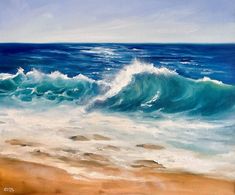 an oil painting of waves crashing on the beach