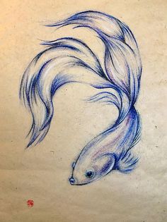 a drawing of a fish with blue hair