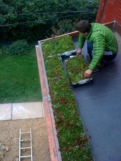 a man kneeling down next to a green roof