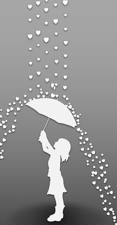 the silhouette of a girl holding an umbrella with hearts coming out of it and falling down on her