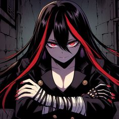 an anime character with red eyes and long black hair, holding her hands on her chest