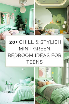 Collage of four trendy teen bedroom designs with mint green color schemes, featuring stylish decor and cozy arrangements, titled '20+ Chill & Stylish Mint Green Bedroom Ideas for Teens Mint Bedroom Ideas, Green Teen Bedroom, Girls Teal Bedroom, Mint Green Bedroom Ideas, Teen Bedroom Green, Mint Green Room, Bedroom Ideas For Teens, Girls Bedroom Green, Green Bedroom Paint