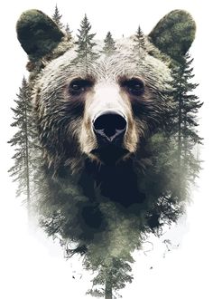 a bear's face is shown in the middle of a forest with pine trees