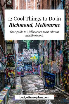 an alleyway with graffiti on it and the words 12 cool things to do in richmond, melbourne your guide to melbourne's most vibrant neighborhood