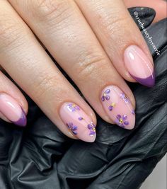 Violet Flower Nails, Short Almond Flower Nails, Rapunzel Nail Ideas, Rapunzel Themed Nails, Tangled Nails Acrylic, Speak Now Nails Taylor Swift, Tangled Themed Nails, Tangled Rapunzel Nails, Purple Flowers Nails